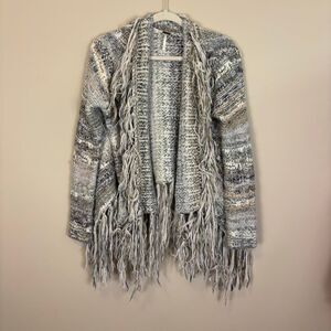 Free People Blue & Grey Striped Wool Blend Fringe Detail Cardigan Sweater Size L
